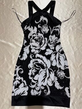 Vintage Caché Black and White Floral Sequin Halter Dress Y2K Mini Size 2